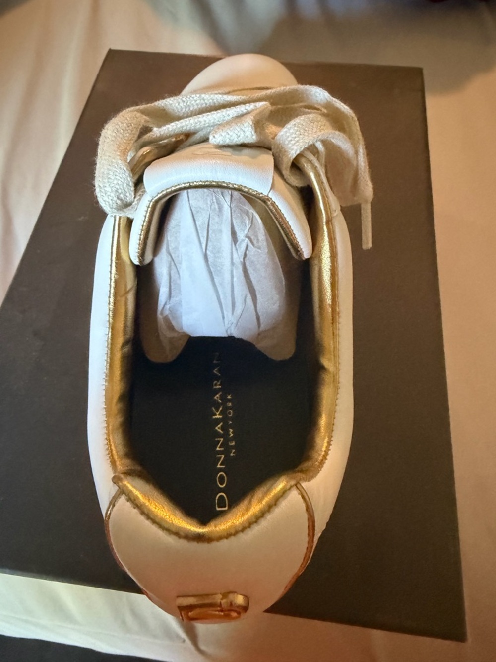 Donna Karan White Sneaker with Gold Interior Trim